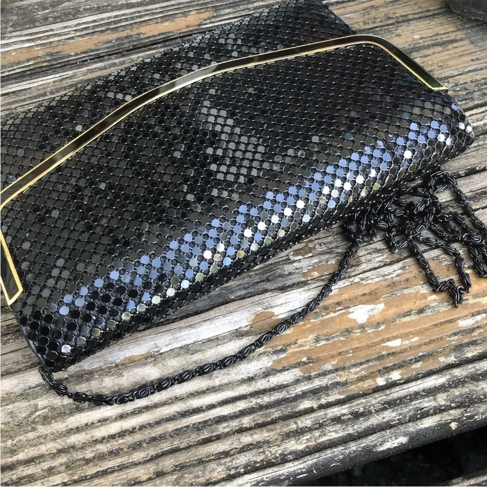 Black Metal Mesh Purse Envelope Clutch Bag Gold Accents Disco Vintage 70s 80s